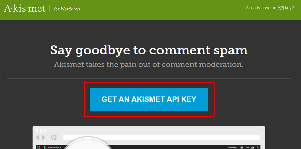 「GET AN AKISMET API KEY」ボタン